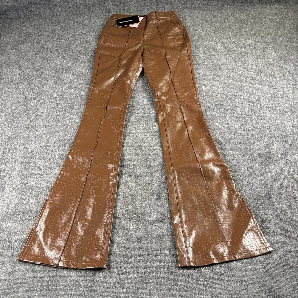 PrettyLittleThing Flared Pants Womens 0 Brown Faux Leather Croc‎ Embossed 24x35"